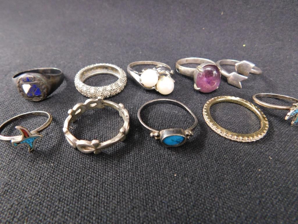 Sterling Silver - 10 Rings - 2-Size 3 - 1-Size 5 - 1-Size 6 - 4-Size 7 - 2-Size 8 - 23.48 Grams TW - 11