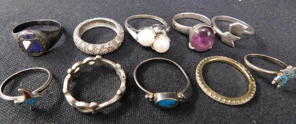 Sterling Silver - 10 Rings - 2-Size 3 - 1-Size 5 - 1-Size 6 - 4-Size 7 - 2-Size 8 - 23.48 Grams TW: See Photos For Condition and Details