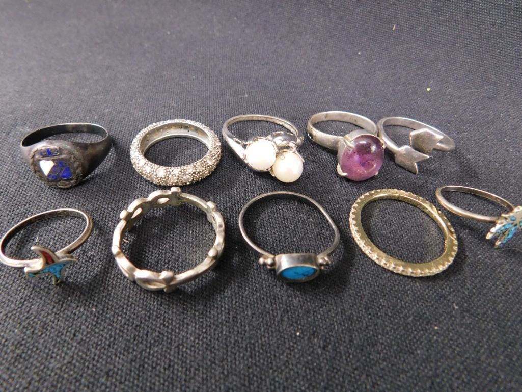 Sterling Silver - 10 Rings - 2-Size 3 - 1-Size 5 - 1-Size 6 - 4-Size 7 - 2-Size 8 - 23.48 Grams TW - 2