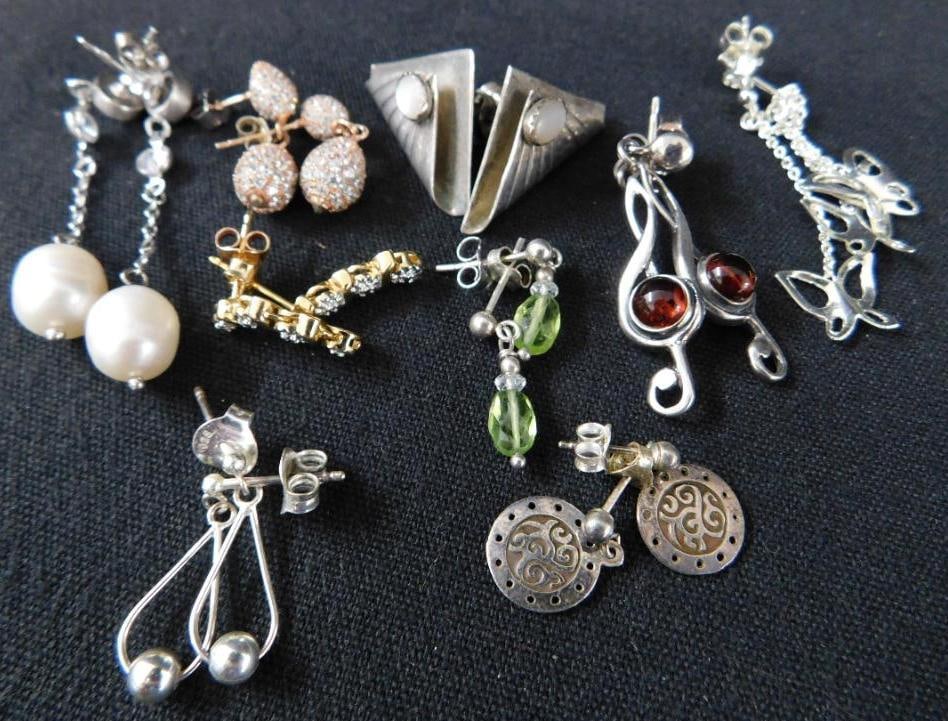 Sterling Silver - 9 Pairs of Pierced Earrings - 25.40 Grams TW: See Photos For Condition and Details