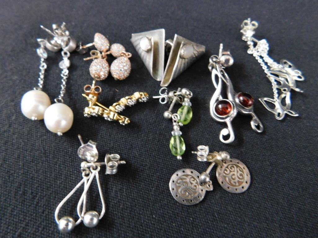 Sterling Silver - 9 Pairs of Pierced Earrings - 25.40 Grams TW - 2