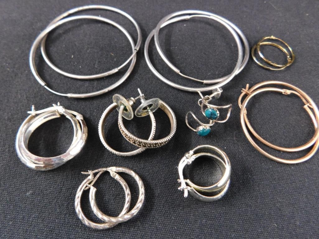 Sterling Silver - 9 Pairs of Pierced Hoop Earrings - 24.83 Grams TW - 13