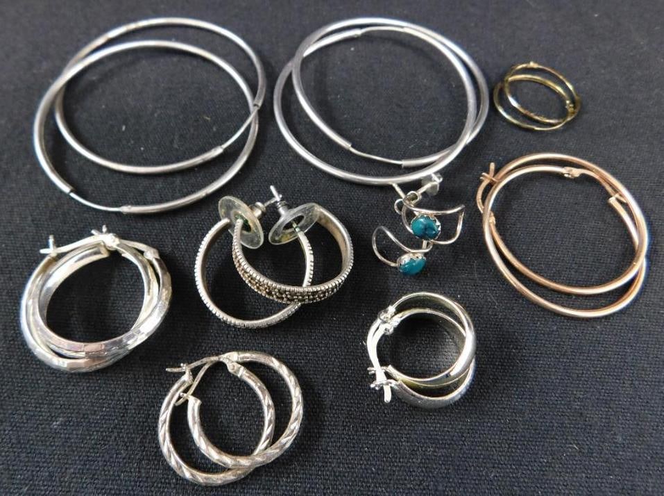 Sterling Silver - 9 Pairs of Pierced Hoop Earrings - 24.83 Grams TW: See Photos For Condition and Details 