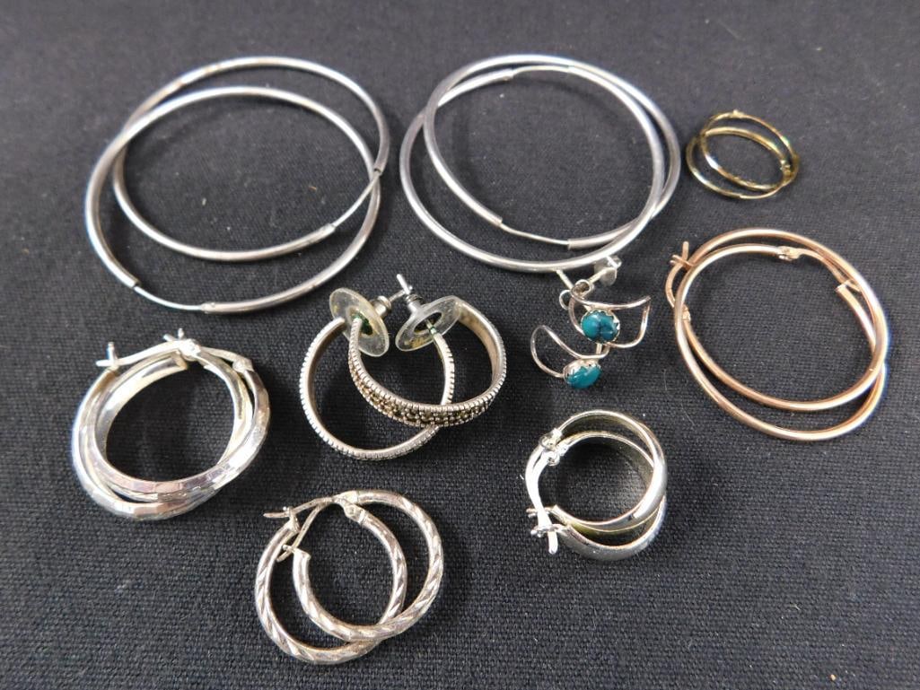 Sterling Silver - 9 Pairs of Pierced Hoop Earrings - 24.83 Grams TW - 2