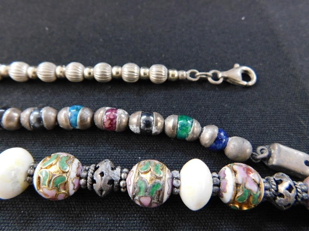 Sterling Silver - Beaded Necklace and 2 Beaded Bracelets - Silver components - 79 Grams TW - 7