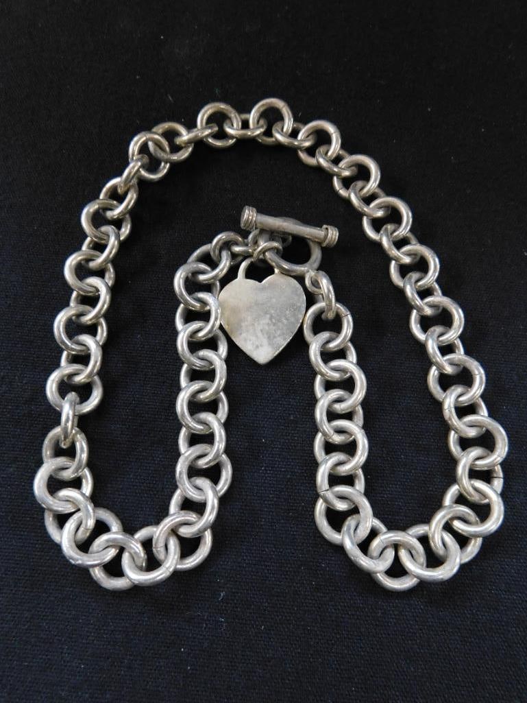 Sterling Silver - 17" Heavy Chain Necklace with Heart Charm - 87 Grams - 6
