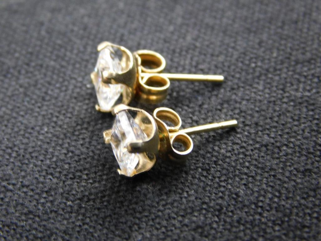 14K Yellow Gold - Pierced Earrings - Post Clear Stones - .97 Grams TW - 3