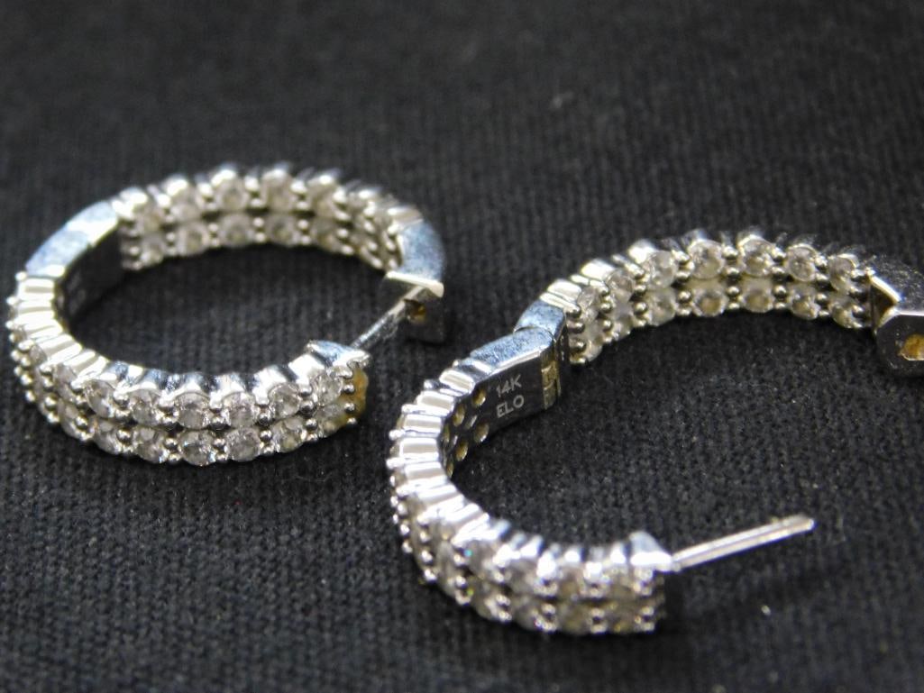 14K White Gold and Diamond - Pierced Earrings - Hoops - 7.9 Grams TW - 4