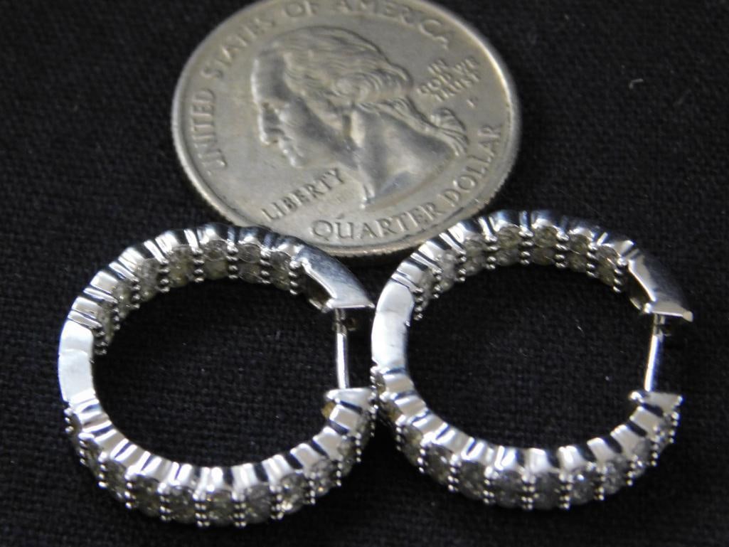 14K White Gold and Diamond - Pierced Earrings - Hoops - 7.9 Grams TW - 5