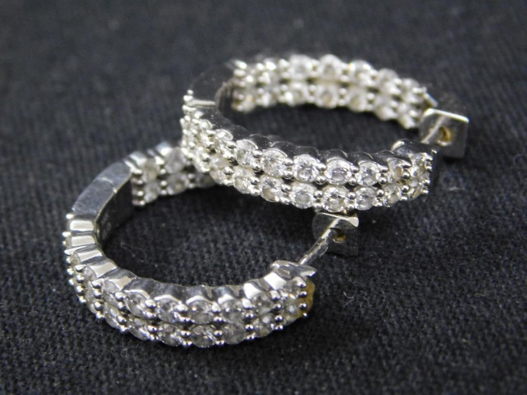 14K White Gold and Diamond - Pierced Earrings - Hoops - 7.9 Grams TW - 6