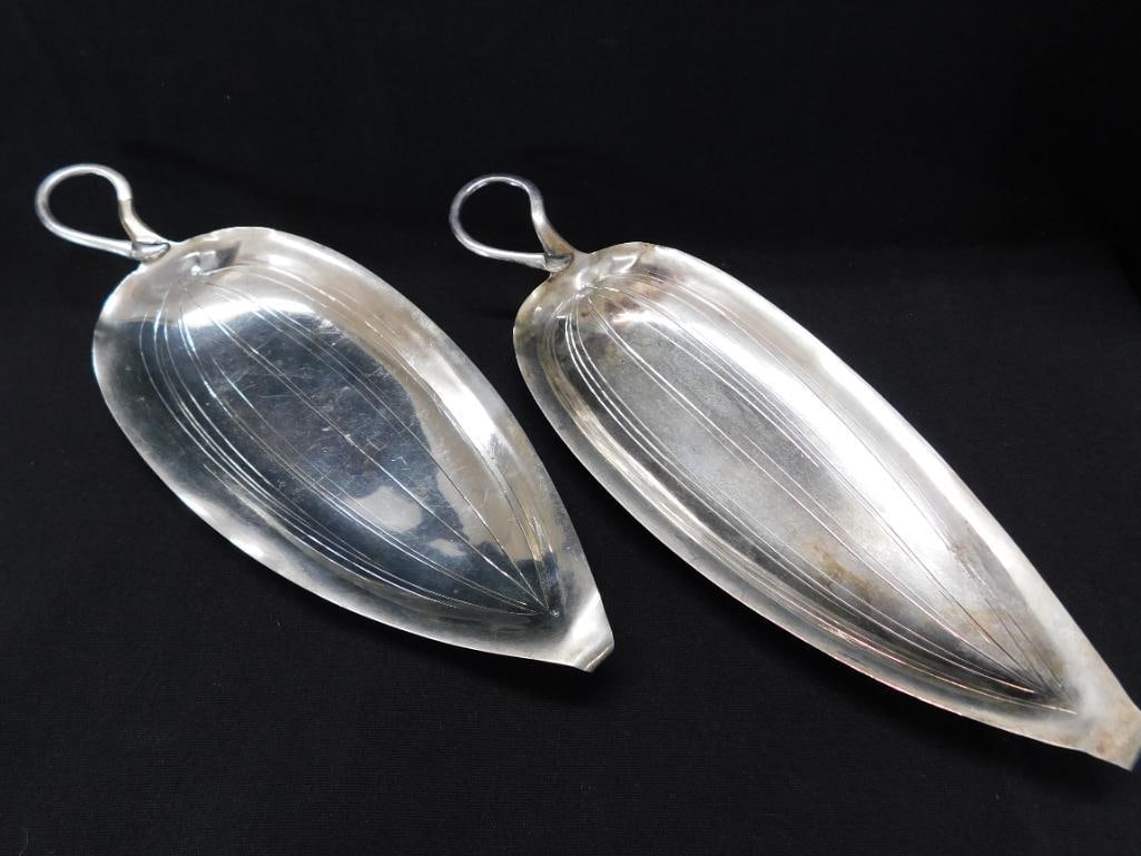 Sterling Silver - Handled Leaf Plates - k. Uyeda - Each 9.5" x 3.5" - 212 Grams - 7