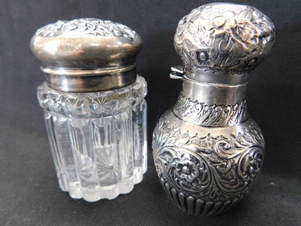 Sterling Silver - Pair of Perfume Bottles with Silver Lids - Lid Not Connected on One - 13