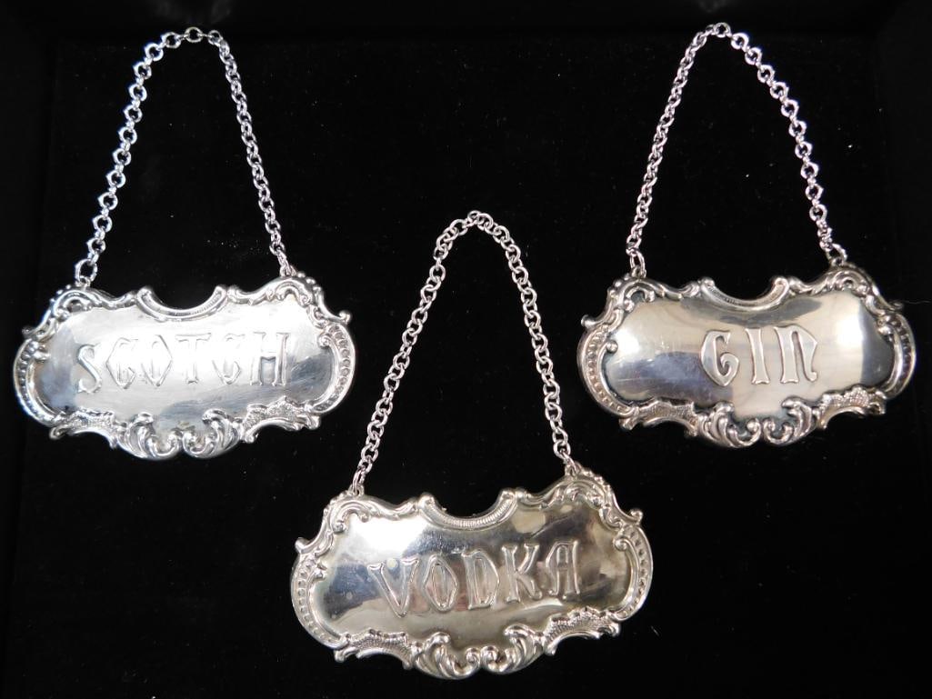 Sterling Silver - 3 Liquor Bottle Tags - Gorham - 44 Grams - 7