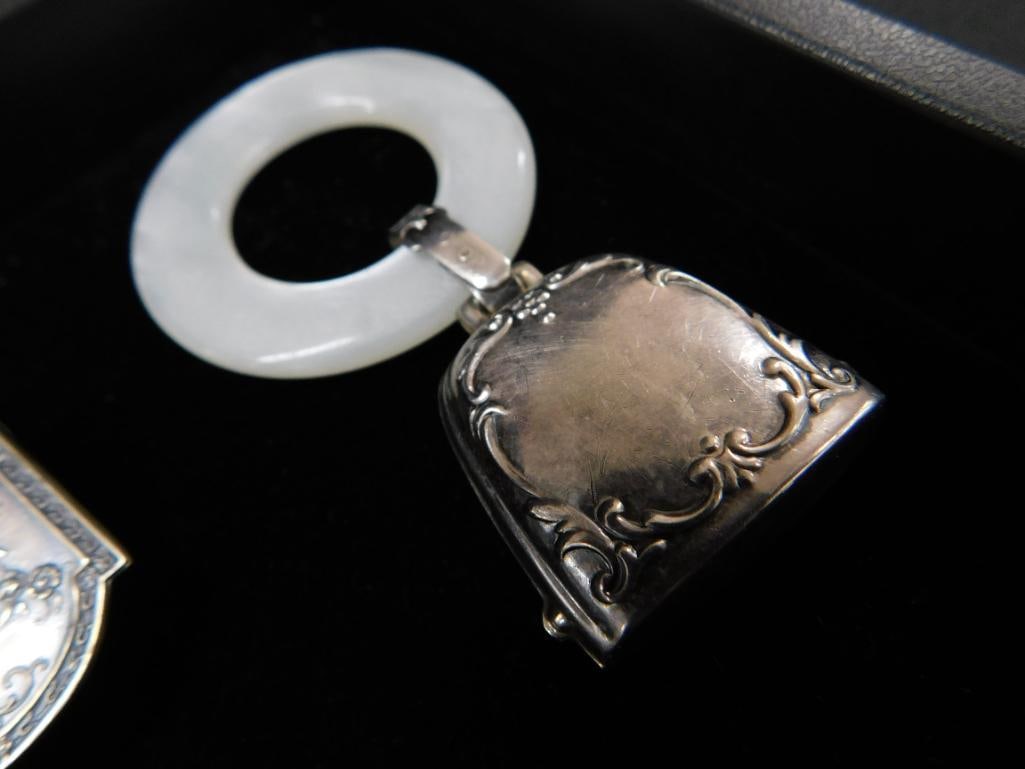 Sterling Silver - 2 Book Markers and Napkin Ring 36 Grams - 2 Webster Rattles 31 Grams TW - 3