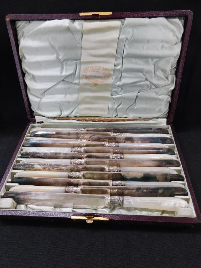 Sterling Silver Bands - Set of 12 Faux MOP Dinner Knives - Original Box - 11