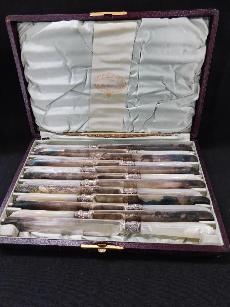Sterling Silver Bands - Set of 12 Faux MOP Dinner Knives - Original Box - 12