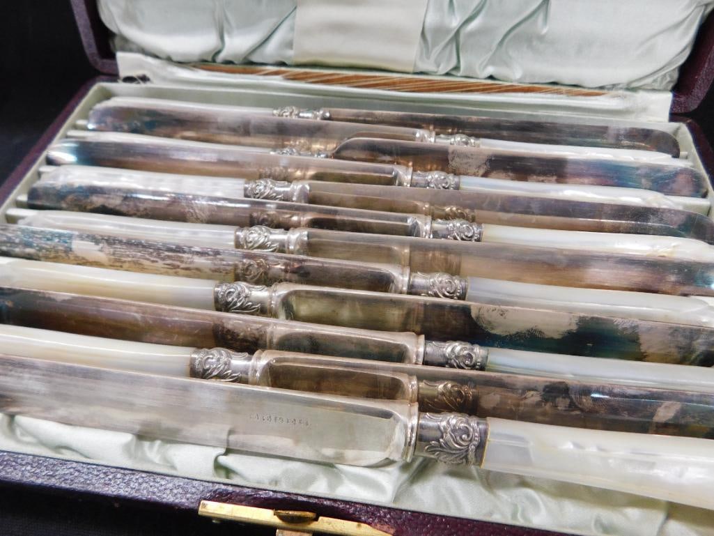 Sterling Silver Bands - Set of 12 Faux MOP Dinner Knives - Original Box - 2