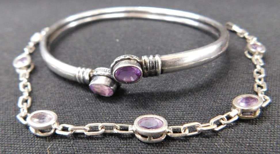 Sterling Silver - 2 Bracelets with Amethyst - Chain is 7" - 16.7 Grams TW (1 of 8)