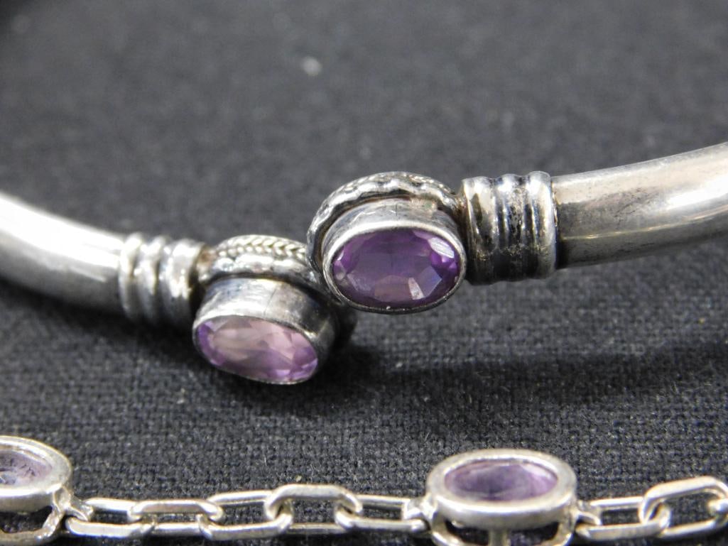 Sterling Silver - 2 Bracelets with Amethyst - Chain is 7" - 16.7 Grams TW - 2