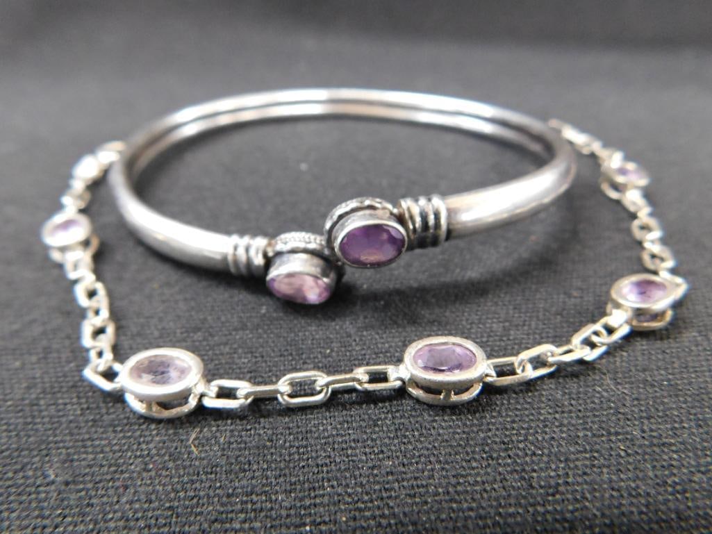Sterling Silver - 2 Bracelets with Amethyst - Chain is 7" - 16.7 Grams TW - 8