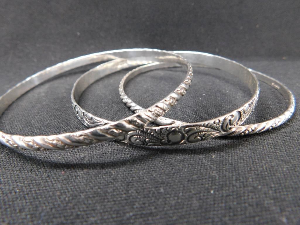 Sterling Silver - 3 Bangle Bracelets - 30.58 Grams - 7