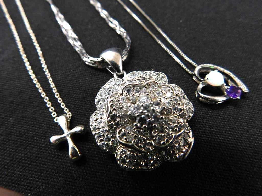 Sterling Silver - 3 18" Pendant Necklaces - 29.8 Grams TW: See Photos For Condition and Details 