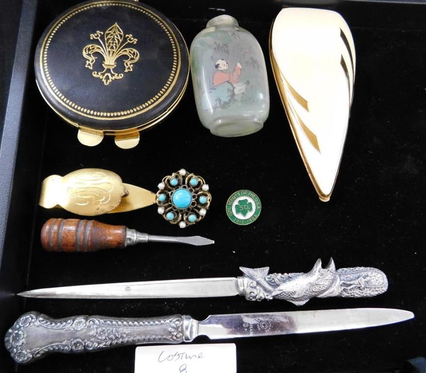 Tray Lot with Vintage Compacts - Costume Jewelry - Snuff Bottle - Letter Openers (1 of 9)