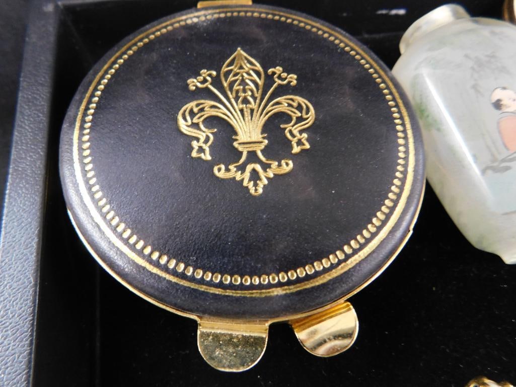 Tray Lot with Vintage Compacts - Costume Jewelry - Snuff Bottle - Letter Openers - 2