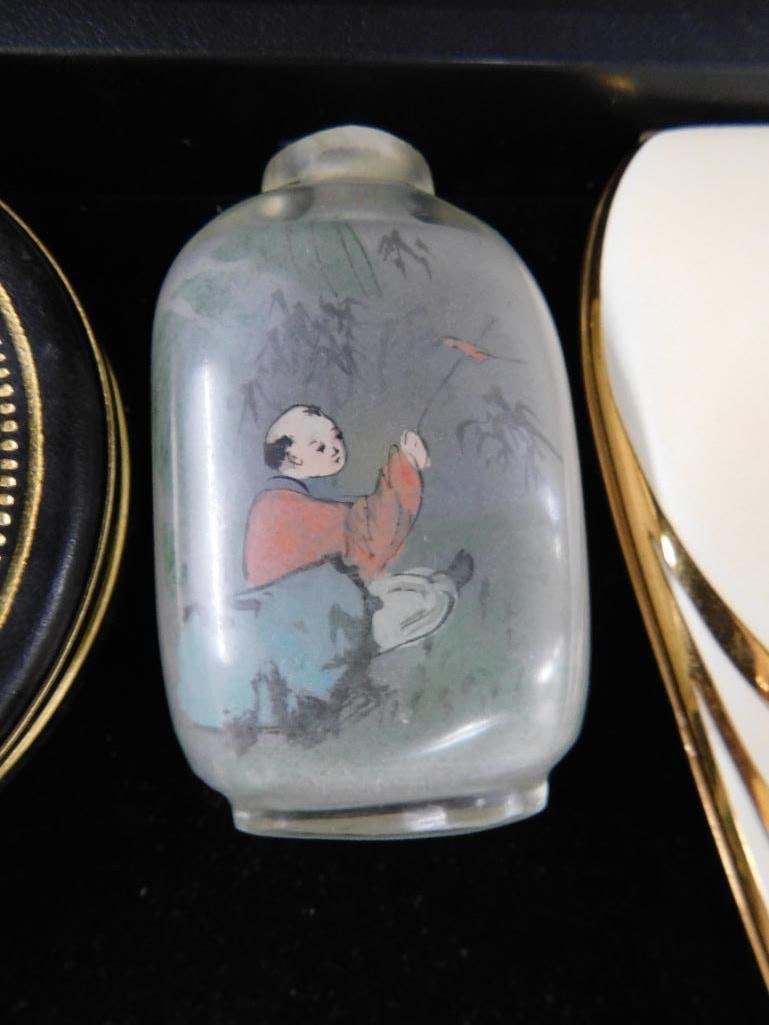 Tray Lot with Vintage Compacts - Costume Jewelry - Snuff Bottle - Letter Openers - 3