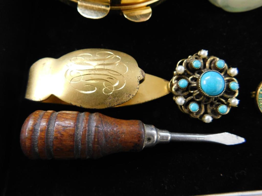 Tray Lot with Vintage Compacts - Costume Jewelry - Snuff Bottle - Letter Openers - 5
