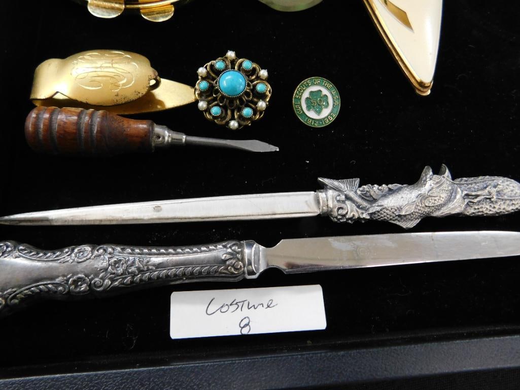 Tray Lot with Vintage Compacts - Costume Jewelry - Snuff Bottle - Letter Openers - 7