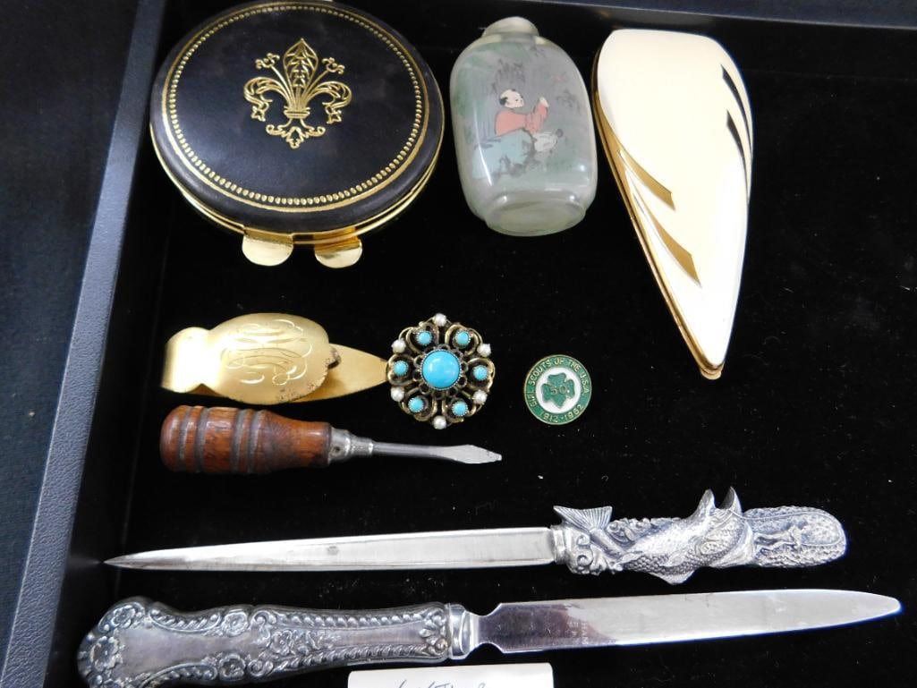 Tray Lot with Vintage Compacts - Costume Jewelry - Snuff Bottle - Letter Openers - 8