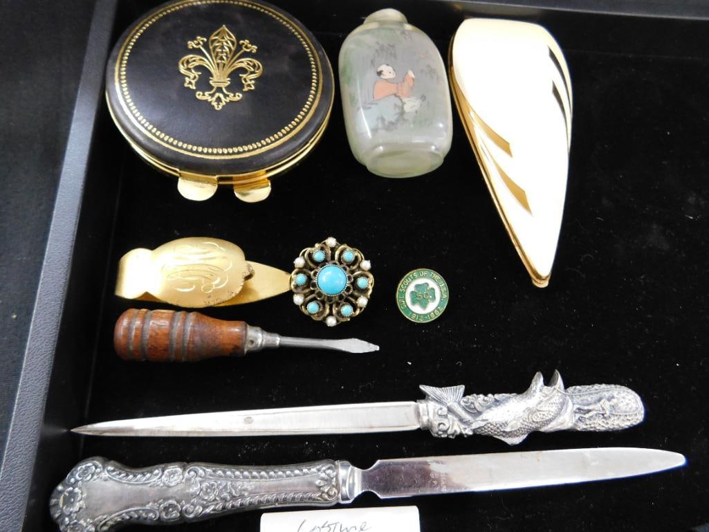 Tray Lot with Vintage Compacts - Costume Jewelry - Snuff Bottle - Letter Openers - 9