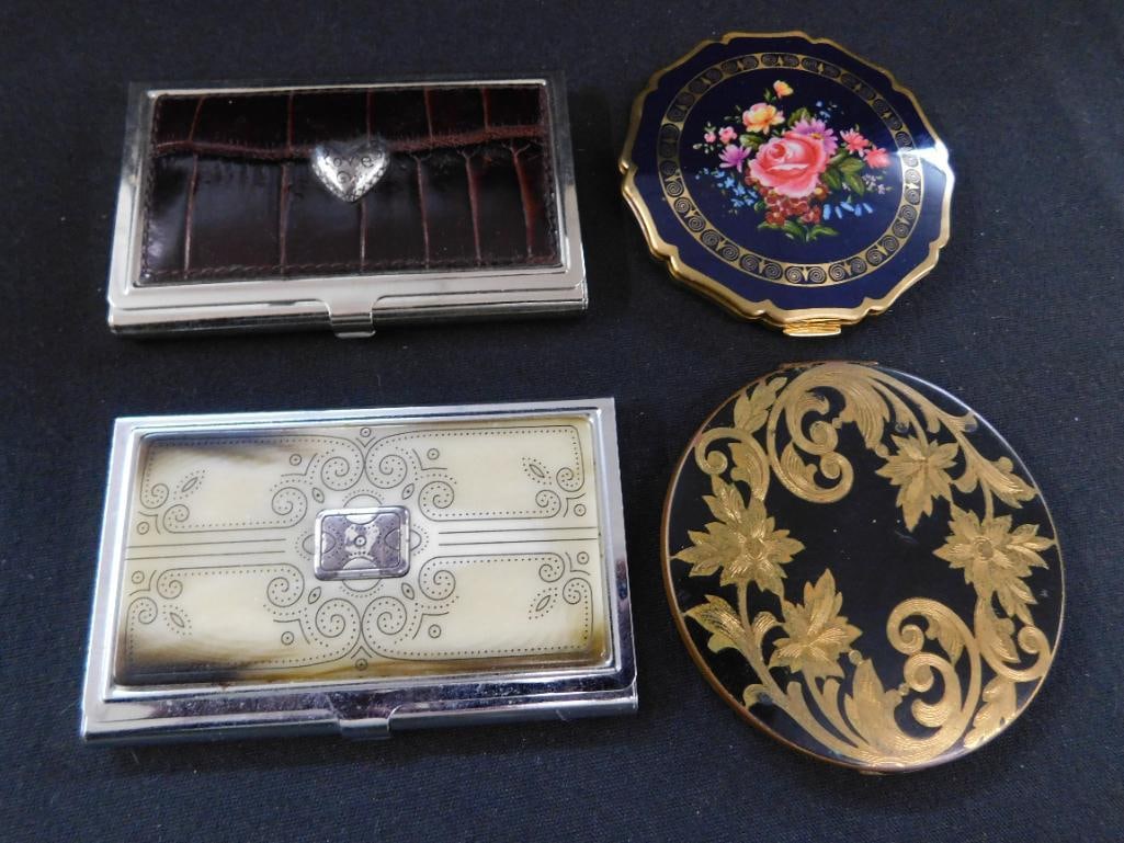 Tray Lot with Vintage Elgin and Straffrod Compacts - Brighton Business Card Holders - 7