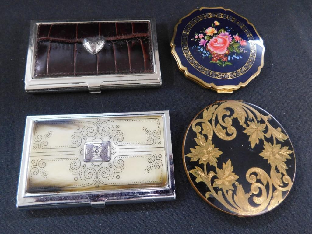 Tray Lot with Vintage Elgin and Straffrod Compacts - Brighton Business Card Holders - 8