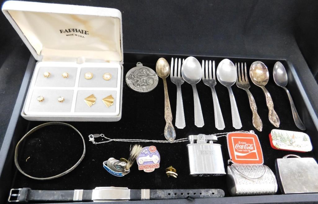 Tray Lot with Misc. Items - Costume Jewelry - Childrens Utensils: See Photos For Condition and Details 