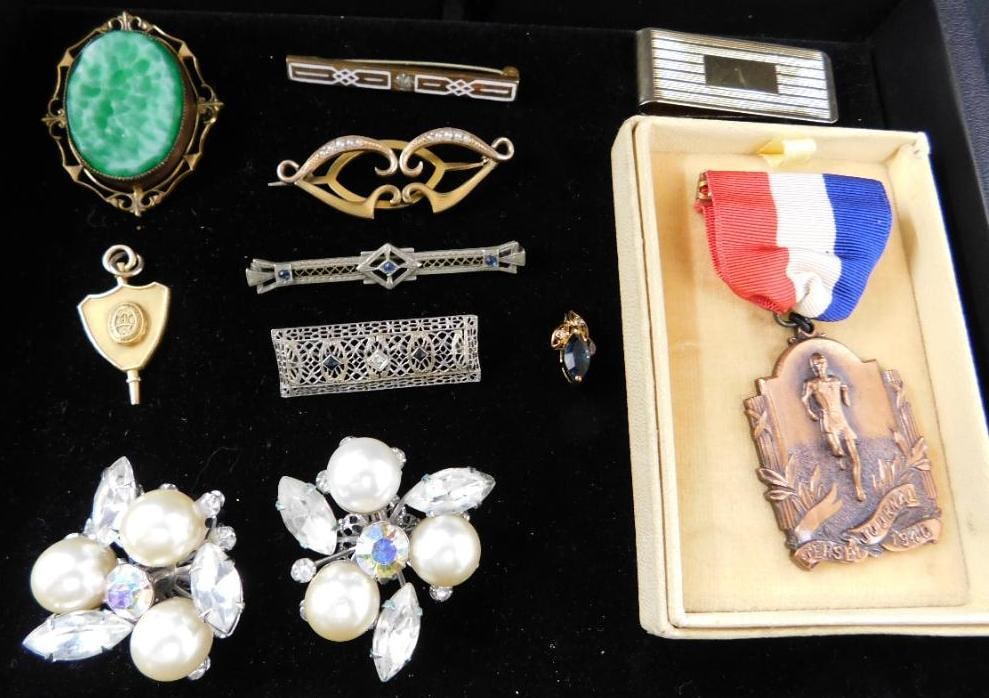 Tray Lot of Costume Jewelry - Judy Lee Earrings - 1940 H.S. Medal - Bar Pins (1 of 12)