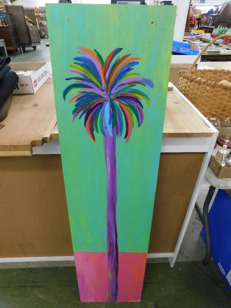 Southern Folk Art Painting on Plywood - Signed Walters - 48" x 12" - Palm Tree - 8