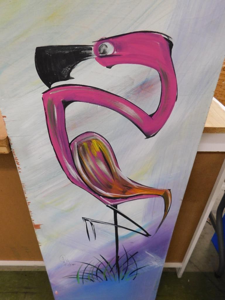 Southern Folk Art Painting on Plywood - Signed Asher - 48" x 17.5" - Flamingo - 3