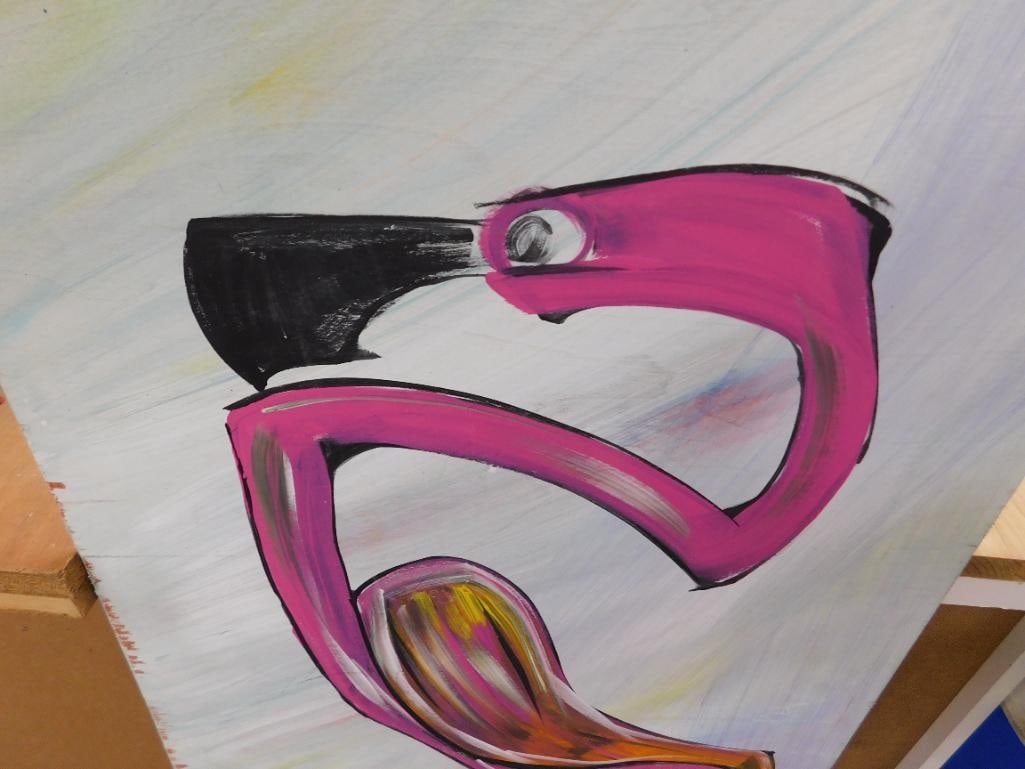 Southern Folk Art Painting on Plywood - Signed Asher - 48" x 17.5" - Flamingo - 4