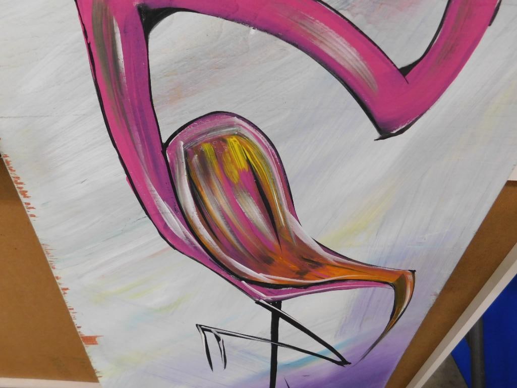 Southern Folk Art Painting on Plywood - Signed Asher - 48" x 17.5" - Flamingo - 5