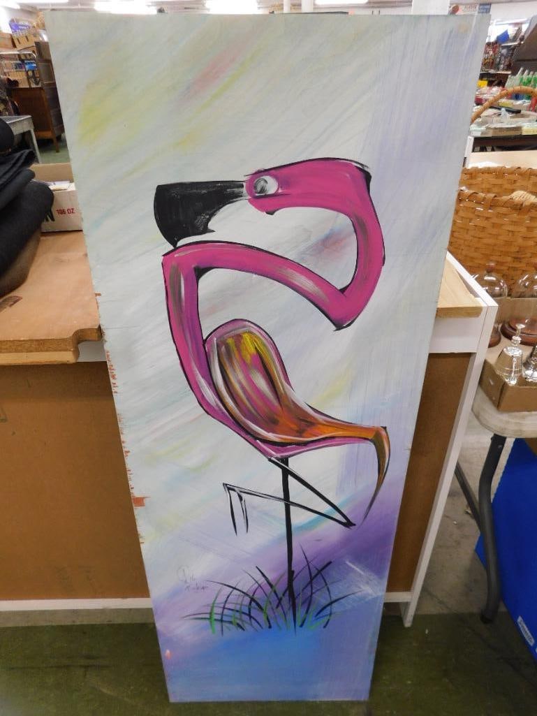 Southern Folk Art Painting on Plywood - Signed Asher - 48" x 17.5" - Flamingo - 8