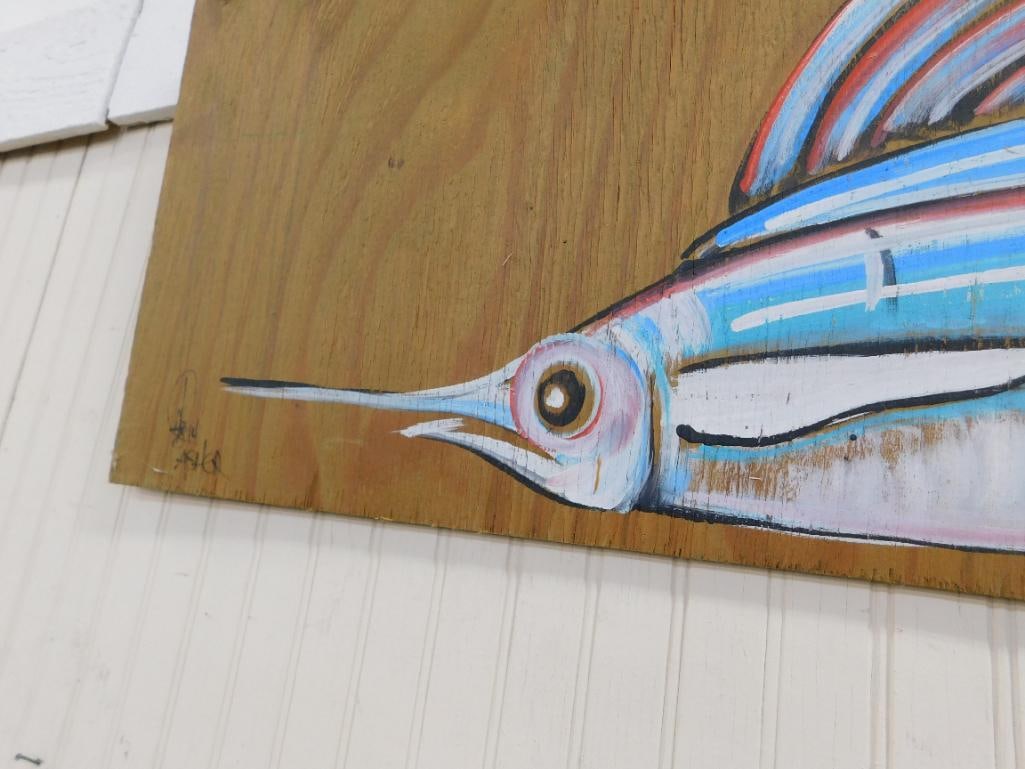 Southern Folk Art Painting on Plywood - Signed Asher - 17.5" x 48" - Swordfish / Marlin - 3