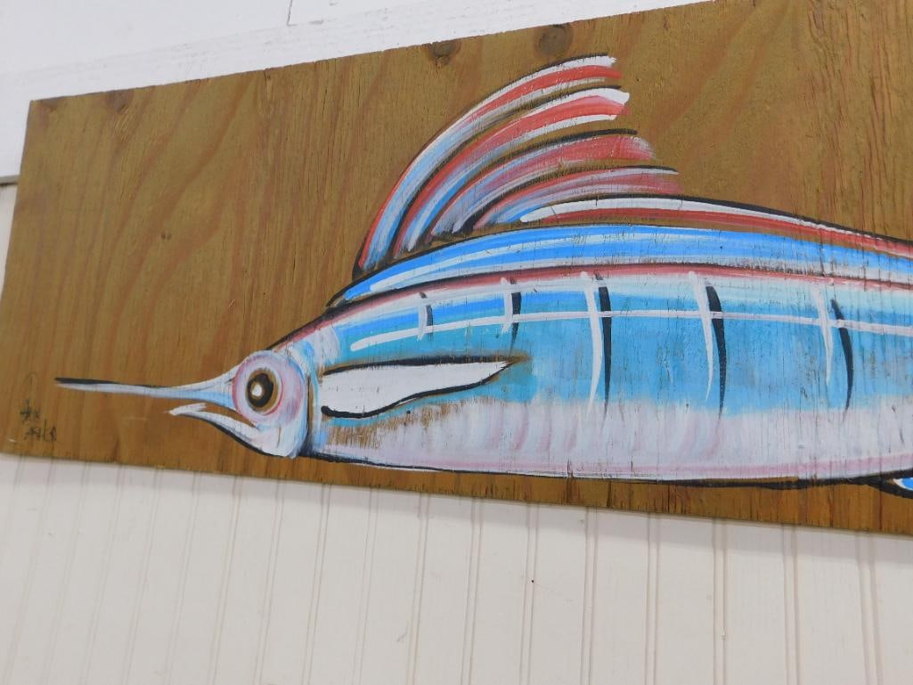 Southern Folk Art Painting on Plywood - Signed Asher - 17.5" x 48" - Swordfish / Marlin - 4
