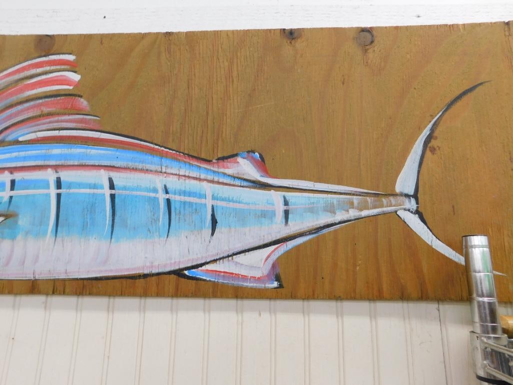 Southern Folk Art Painting on Plywood - Signed Asher - 17.5" x 48" - Swordfish / Marlin - 5