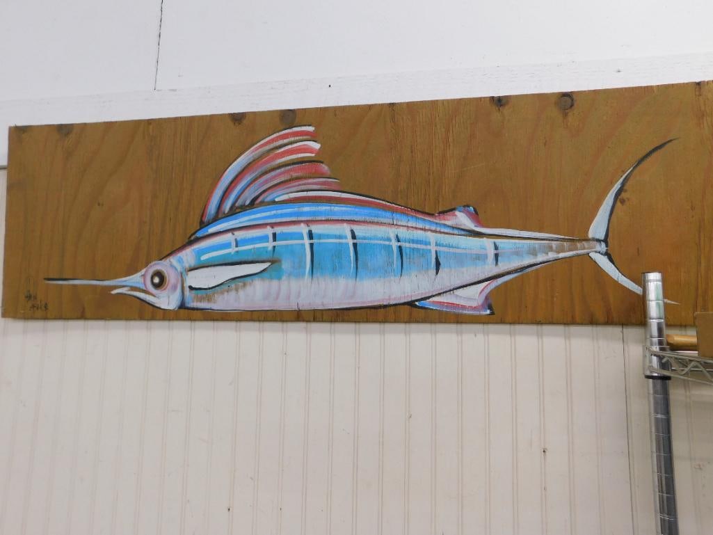 Southern Folk Art Painting on Plywood - Signed Asher - 17.5" x 48" - Swordfish / Marlin - 6