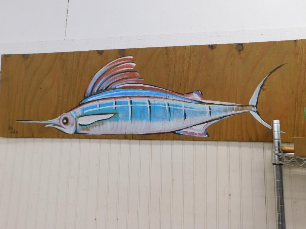 Southern Folk Art Painting on Plywood - Signed Asher - 17.5" x 48" - Swordfish / Marlin - 7
