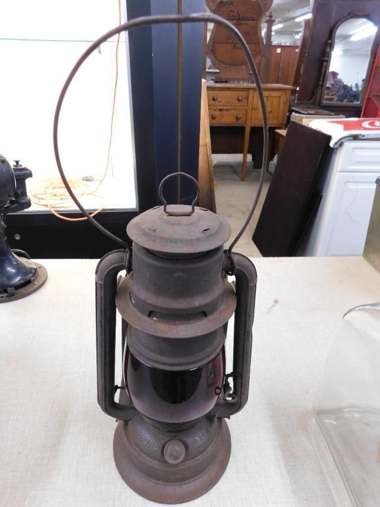 Vintage Simmons Liberty Railroad Lantern with Red Glass Globe - 15.5" x 8.5" x 6.5" - 10