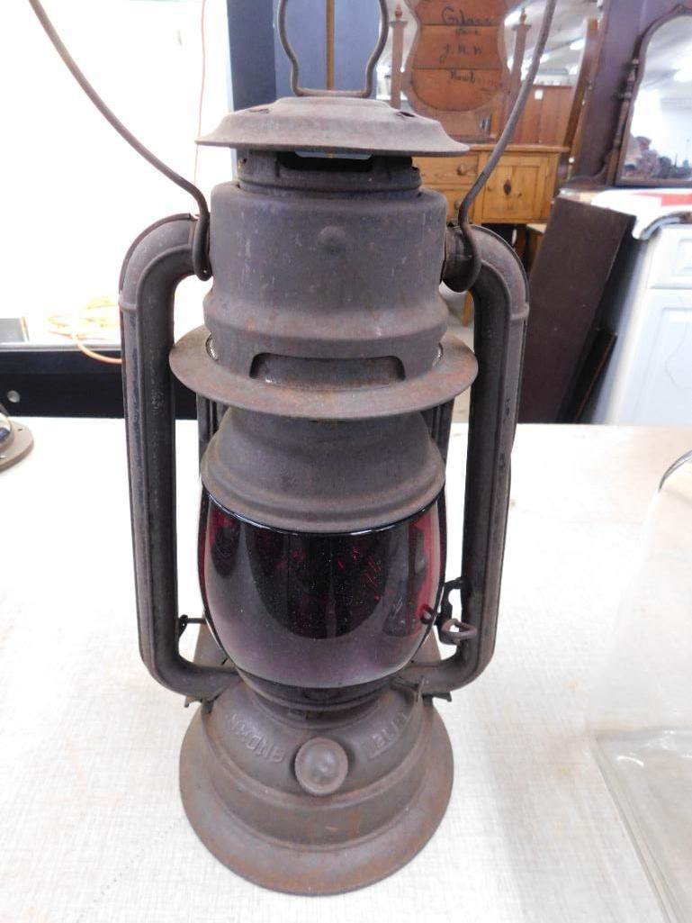 Vintage Simmons Liberty Railroad Lantern with Red Glass Globe - 15.5" x 8.5" x 6.5" - 2