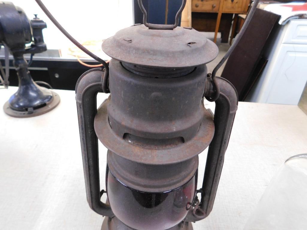 Vintage Simmons Liberty Railroad Lantern with Red Glass Globe - 15.5" x 8.5" x 6.5" - 5